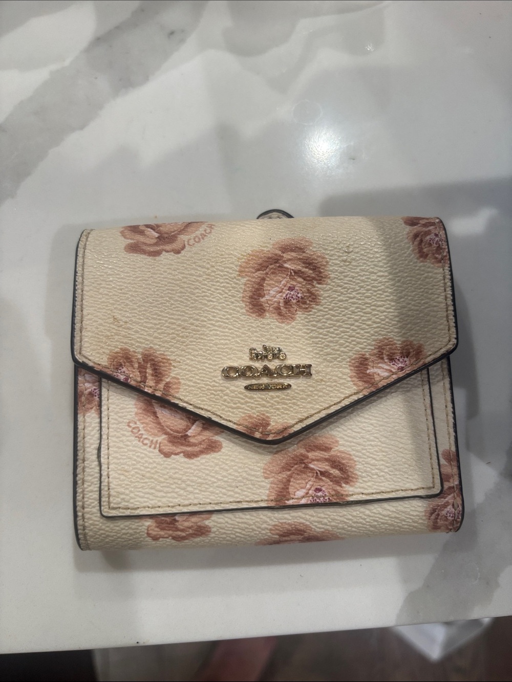 Vintage Coach Cream Floral Compact Folding Wallet with Pink Roses